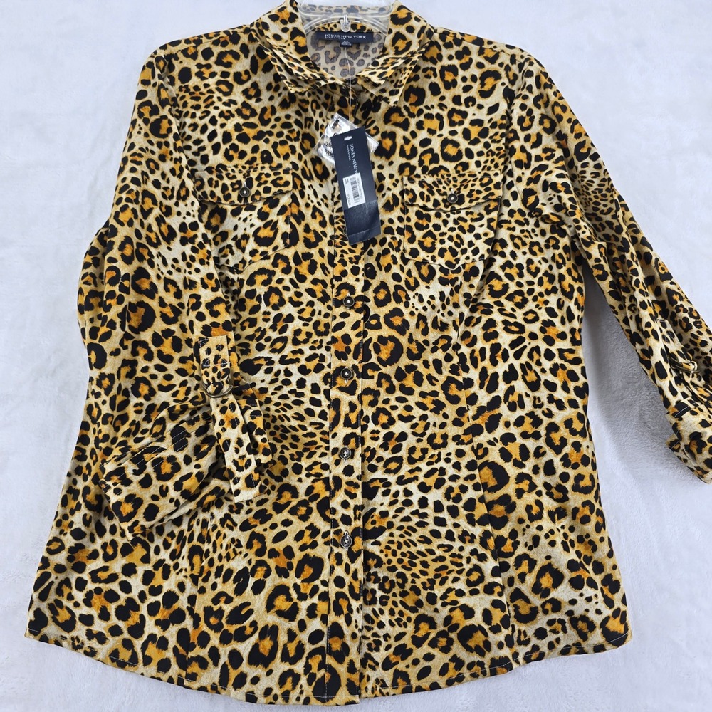 Jones New York Shirt Womens Large Button Down Tan Leopard Animal Print Cotton